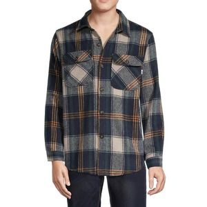 NWT RNT23 Men's Relaxed-Fit Plaid Flannel Fleece Shacket - Navy Yellow - Size S